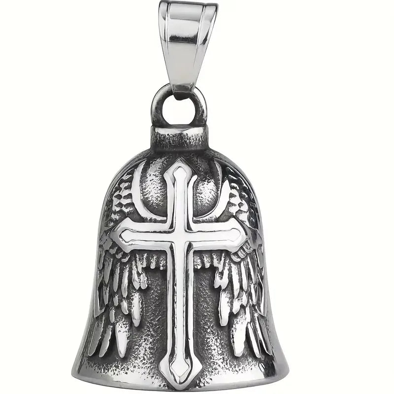 Silver angel wings motorcycle bell keychain with a cross design
