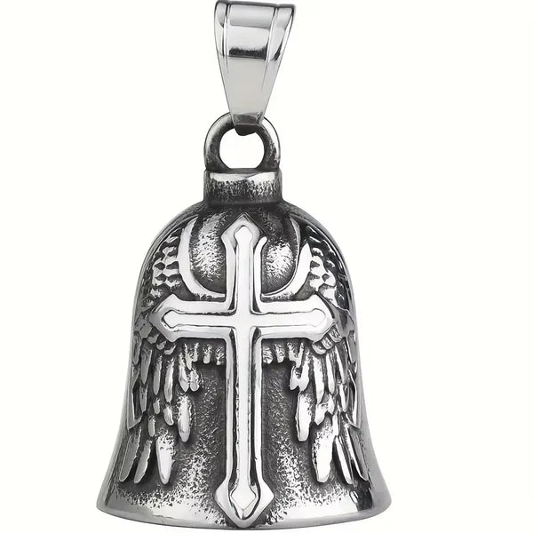 Silver angel wings motorcycle bell keychain with a cross design