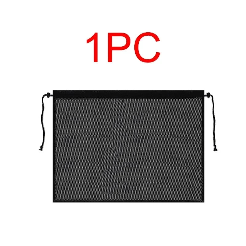 A black mesh universal car sunshade designed for windshield protection.