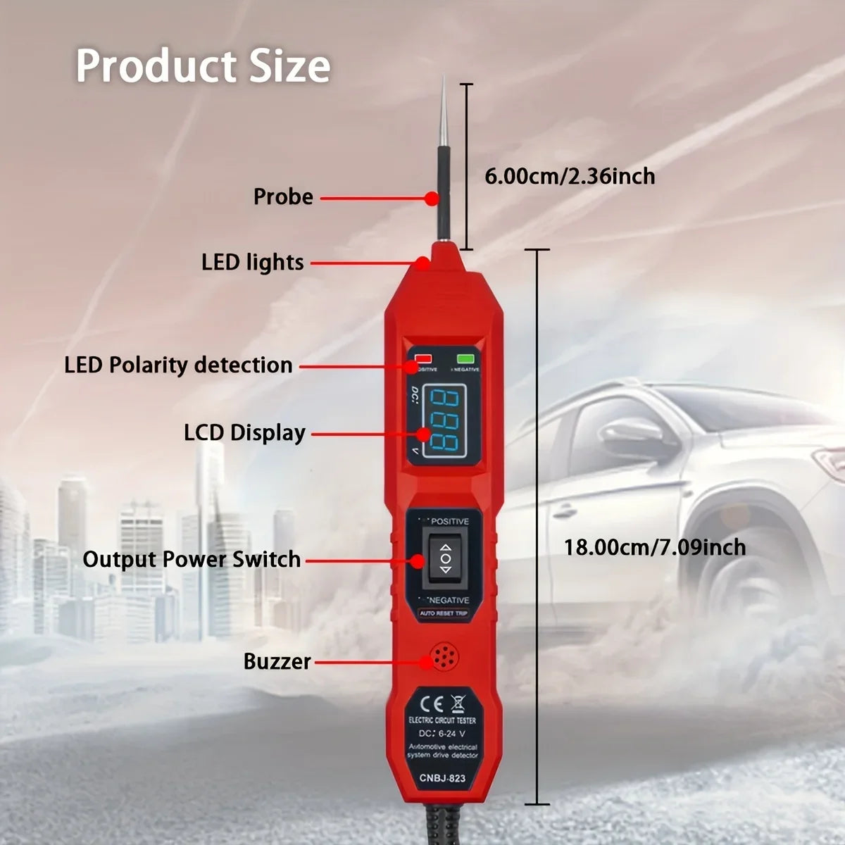 A red portable car circuit tester device showing its features like a probe, LED lights, LCD display, power switch, and buzzer