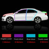 A white sedan shows various colored weather stripping seals applied to the engine cover, front door, rear door, and trunk cov