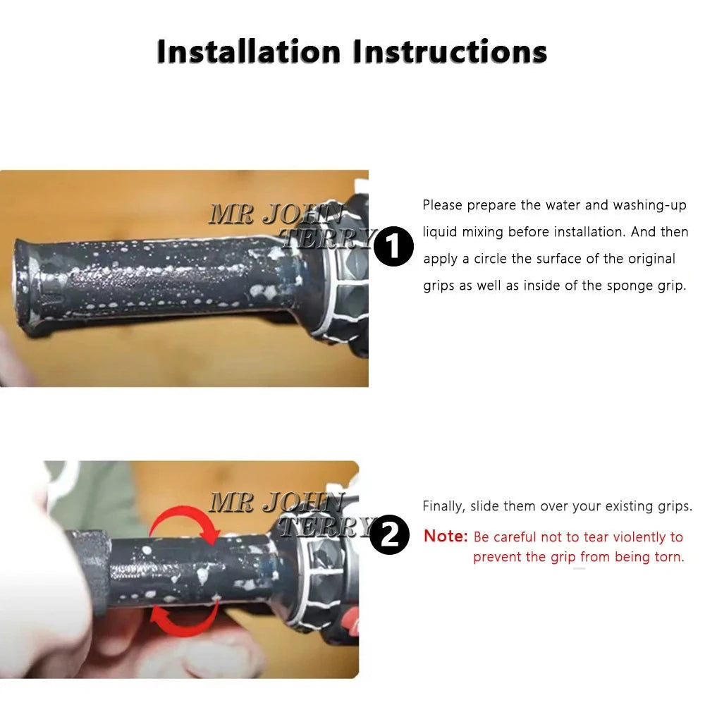 Installation instructions showing how to apply a circle to the surface of an original grip for motorcycle handlebars.