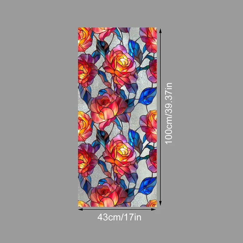 A vertical panel of decorative PVC stained glass window film featuring vibrant floral patterns in shades of red, orange, pink