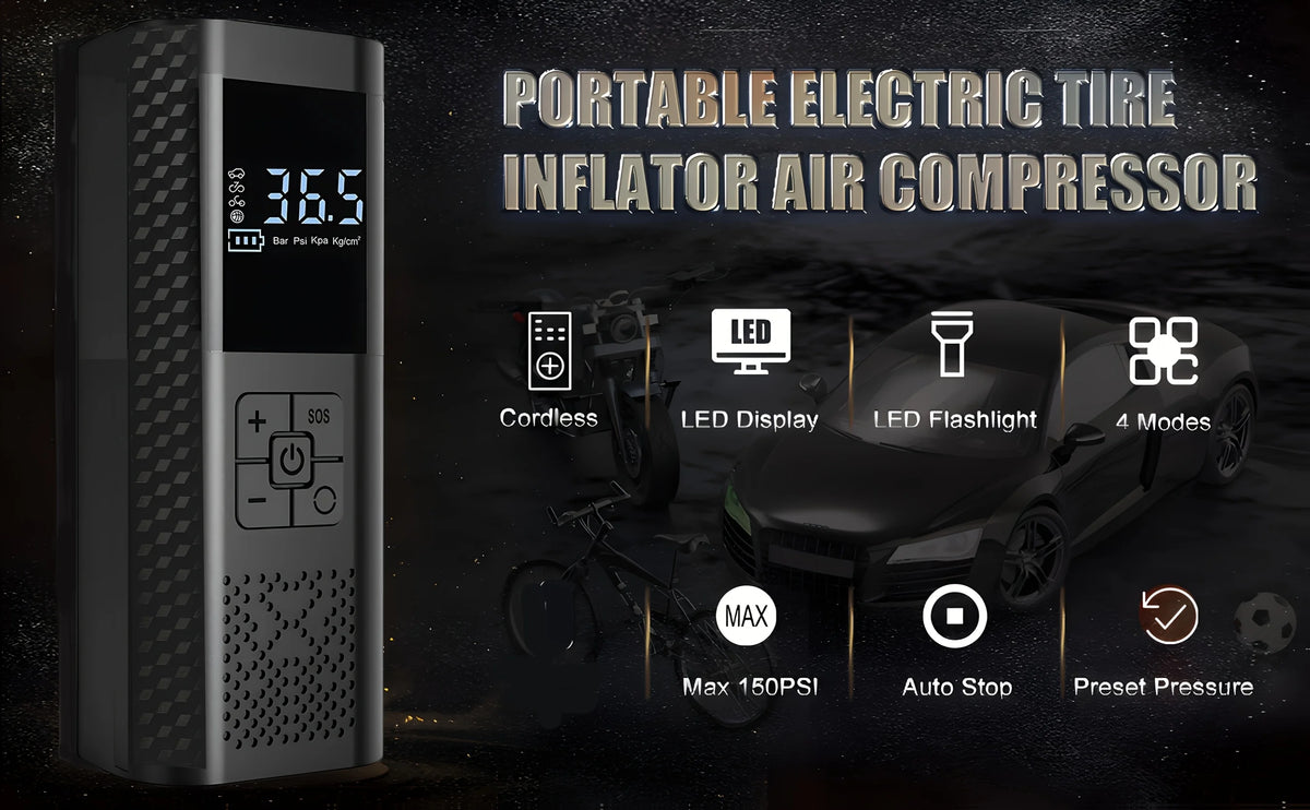 A portable electric tire inflator air compressor device with a digital display and various functions shown against a dark bac