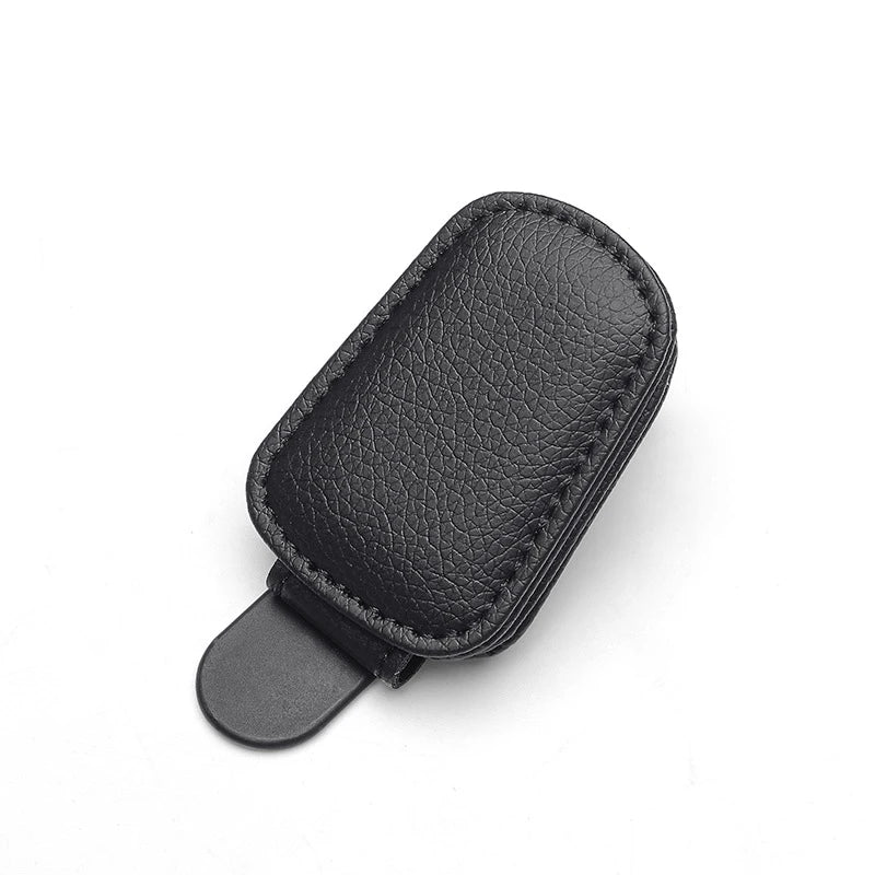 Black magnetic leather sunglasses holder designed for car sun visors