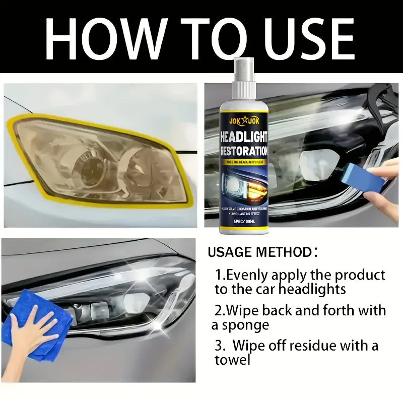 A bottle of headlight restoration spray next to a car headlight and a sponge being used for cleaning.