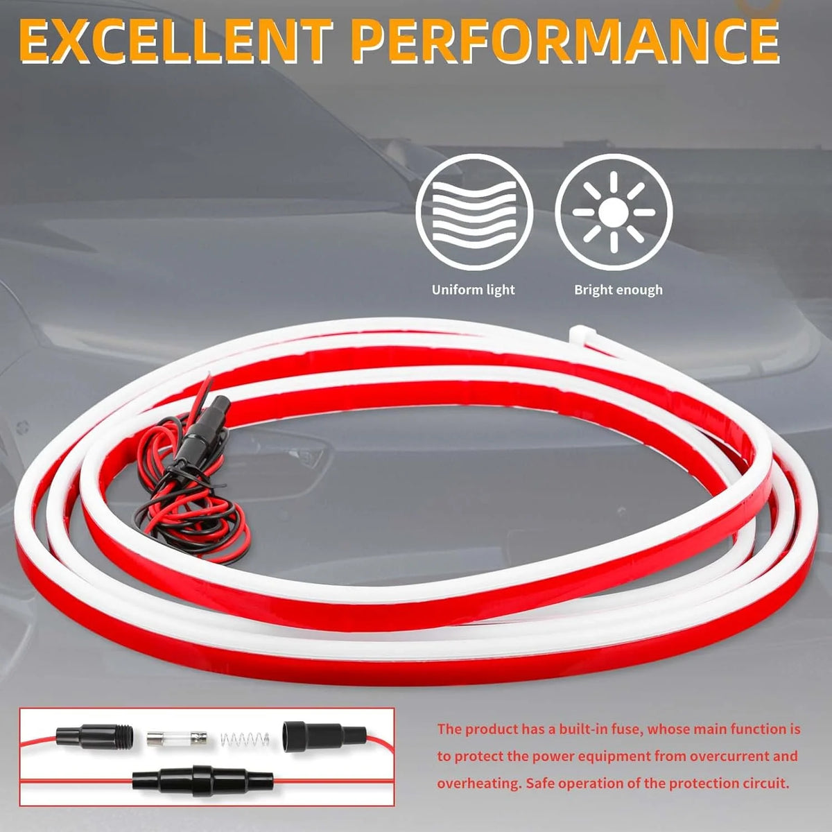 Bande lumineuse LED rouge et blanche enroulée sur un capot de voiture, conçue pour d'excellentes performances.