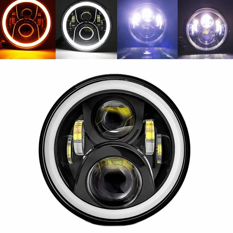 A close-up view of a 7 inch motorcycle LED headlight assembly with multiple bulbs and a clear lens.