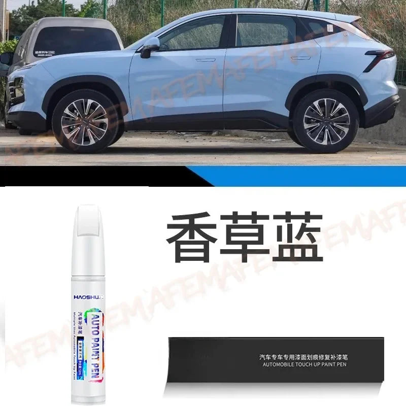 A white automotive touch-up paint pen kit for scratch repair is shown next to a modern SUV.