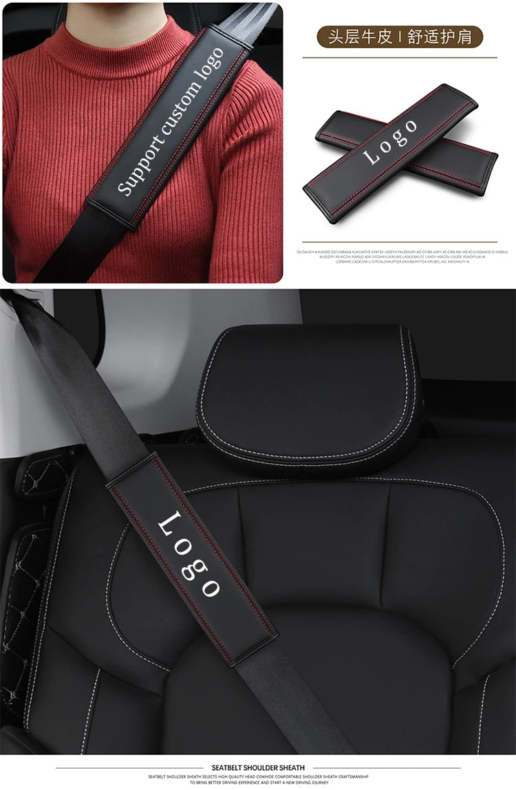 Black leather logo shoulder strap pad for car seat belts shown on a red sweater and a black car seat.