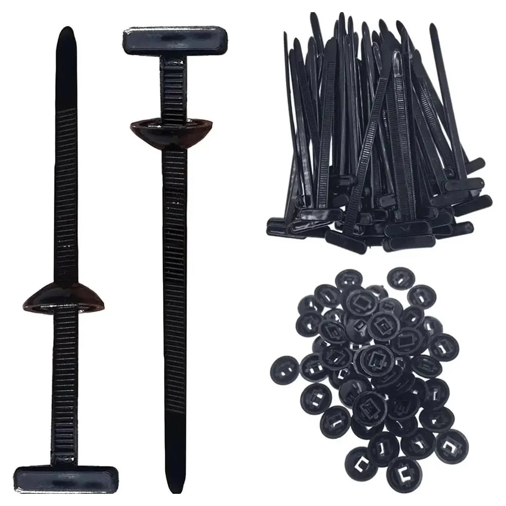 A collection of heavy duty self-locking nylon cable ties and a single tie shown in various forms.