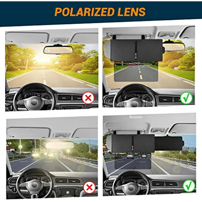 A comparison showing a polarized lens car sun visor extender for anti-glare protection installed in a vehicle.