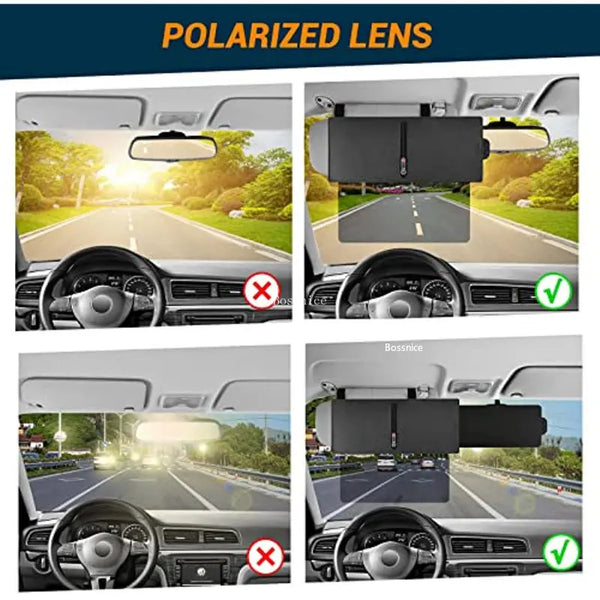 A comparison showing a polarized lens car sun visor extender for anti-glare protection installed in a vehicle.