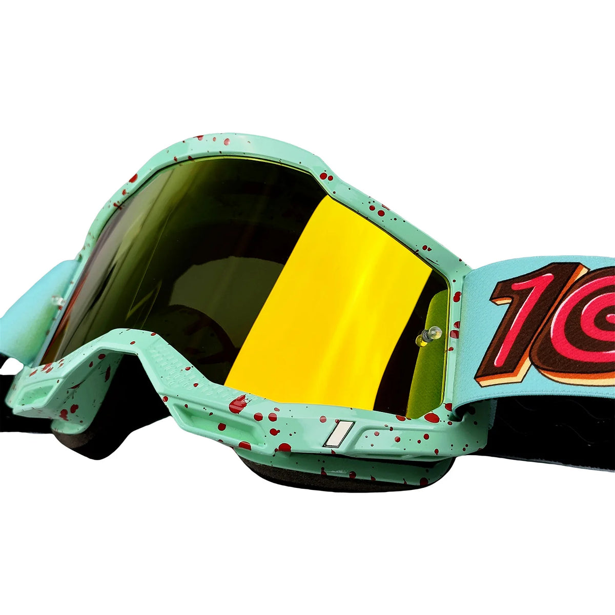 Ein Paar multifunktionale Fahrrad- und Skigoggles mit grünem Rahmen und gelsemlin, mit roten Spritzern