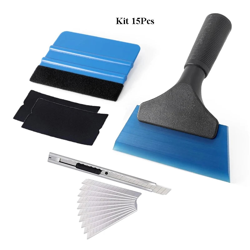 A kit of 15 pieces for professional window tinting and vinyl wrapping, including a squeegee, applicator, and various tools.
