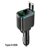 A black Type-C+iOS car charger with a digital voltage display and retractable cable.