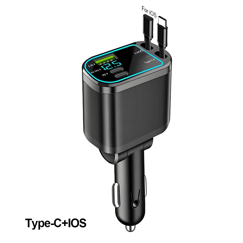 A black Type-C+iOS car charger with a digital voltage display and retractable cable.