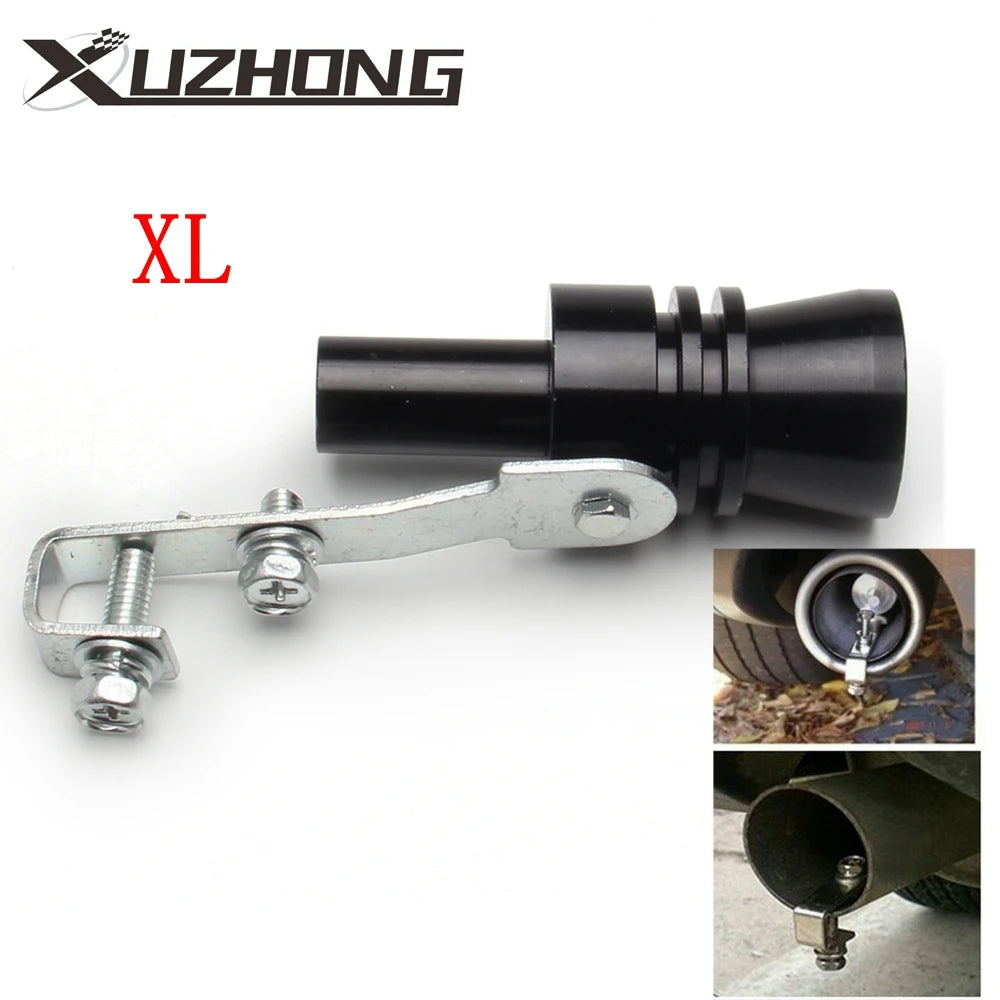 A black universal car turbo sound whistle with a metal mounting bracket and exhaust fitting.