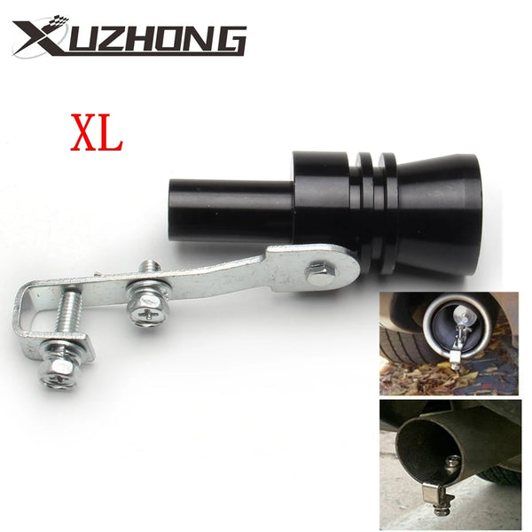 A black universal car turbo sound whistle with a metal mounting bracket and exhaust fitting.