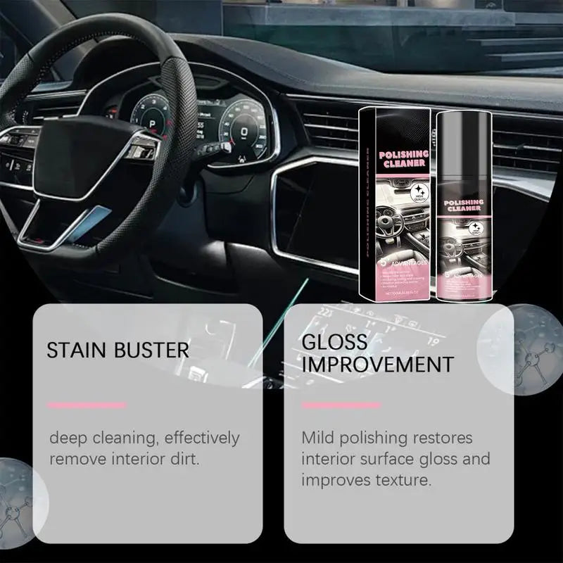 Une bouteille de nettoyant pour polissage et un produit anti-taches sont présentés dans l'intérieur d'une voiture.