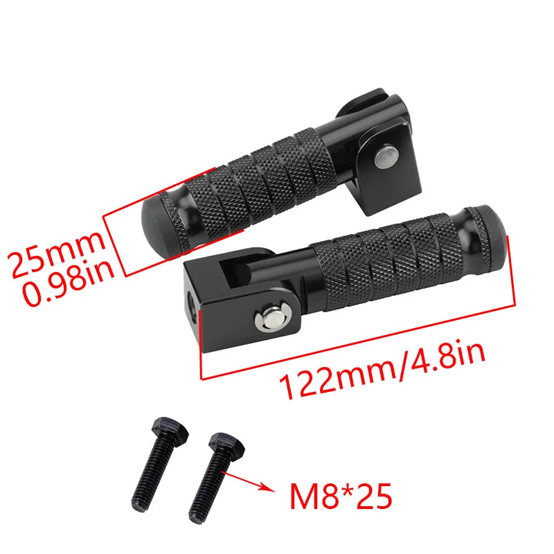 Black foldable aluminum alloy foot pegs with M8x25 bolts shown in various sizes.