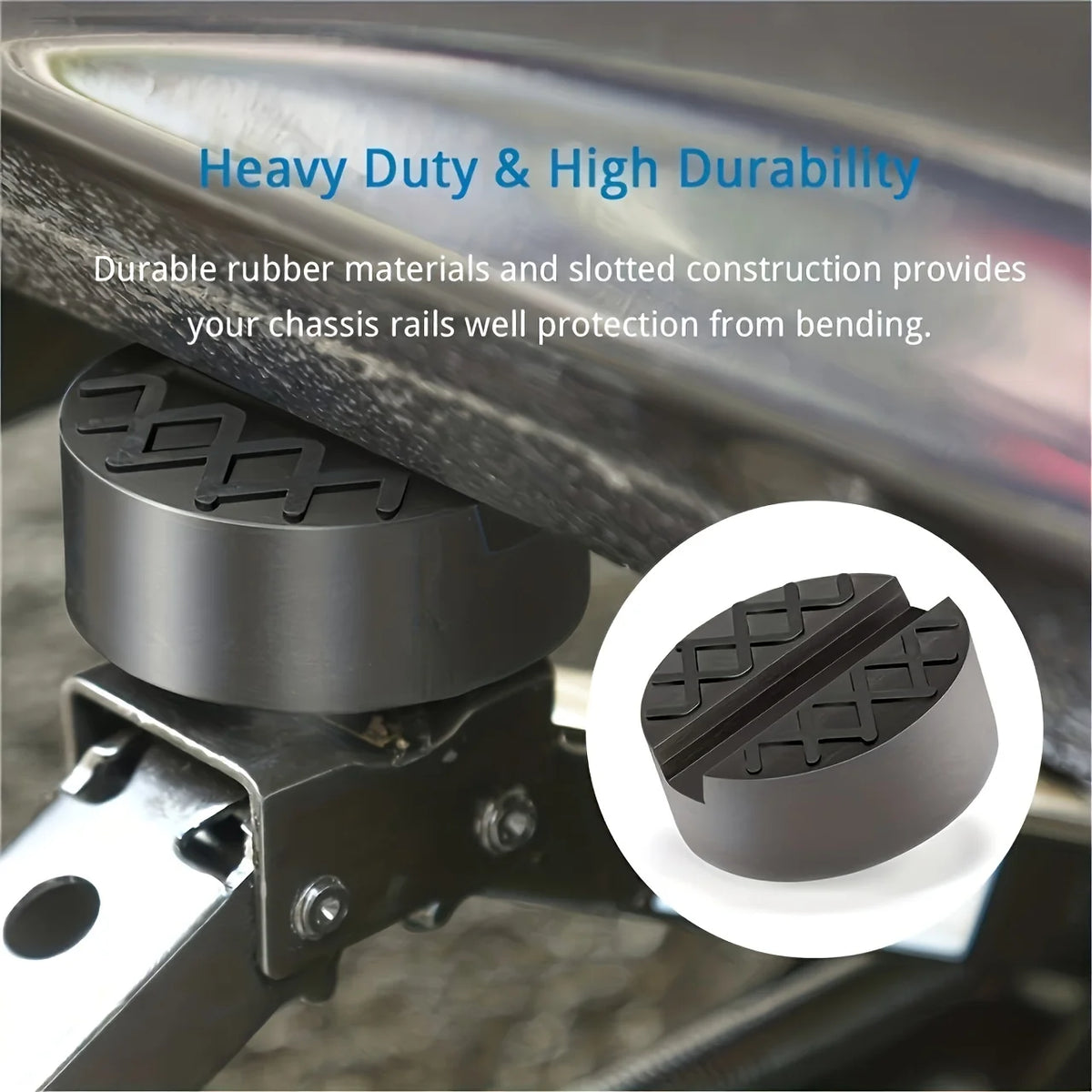 A close-up view of a heavy duty rubber jack pad installed on a vehicle's chassis rail for protection.