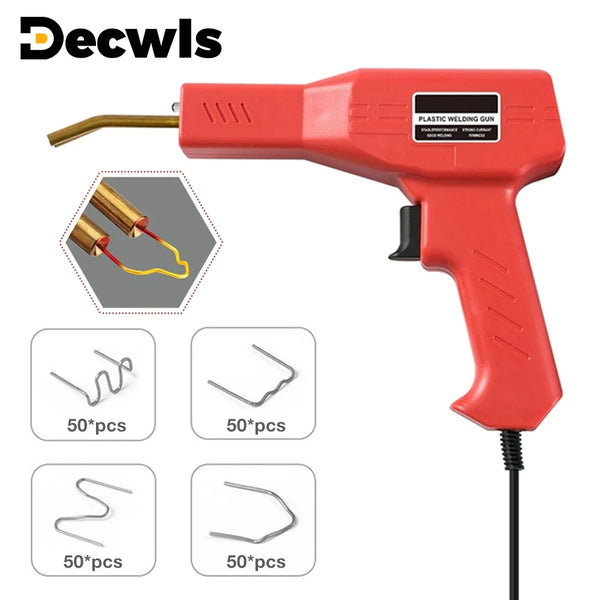 A red plastic welding gun tool with a wire, along with various metal wire shapes for repair and welding.