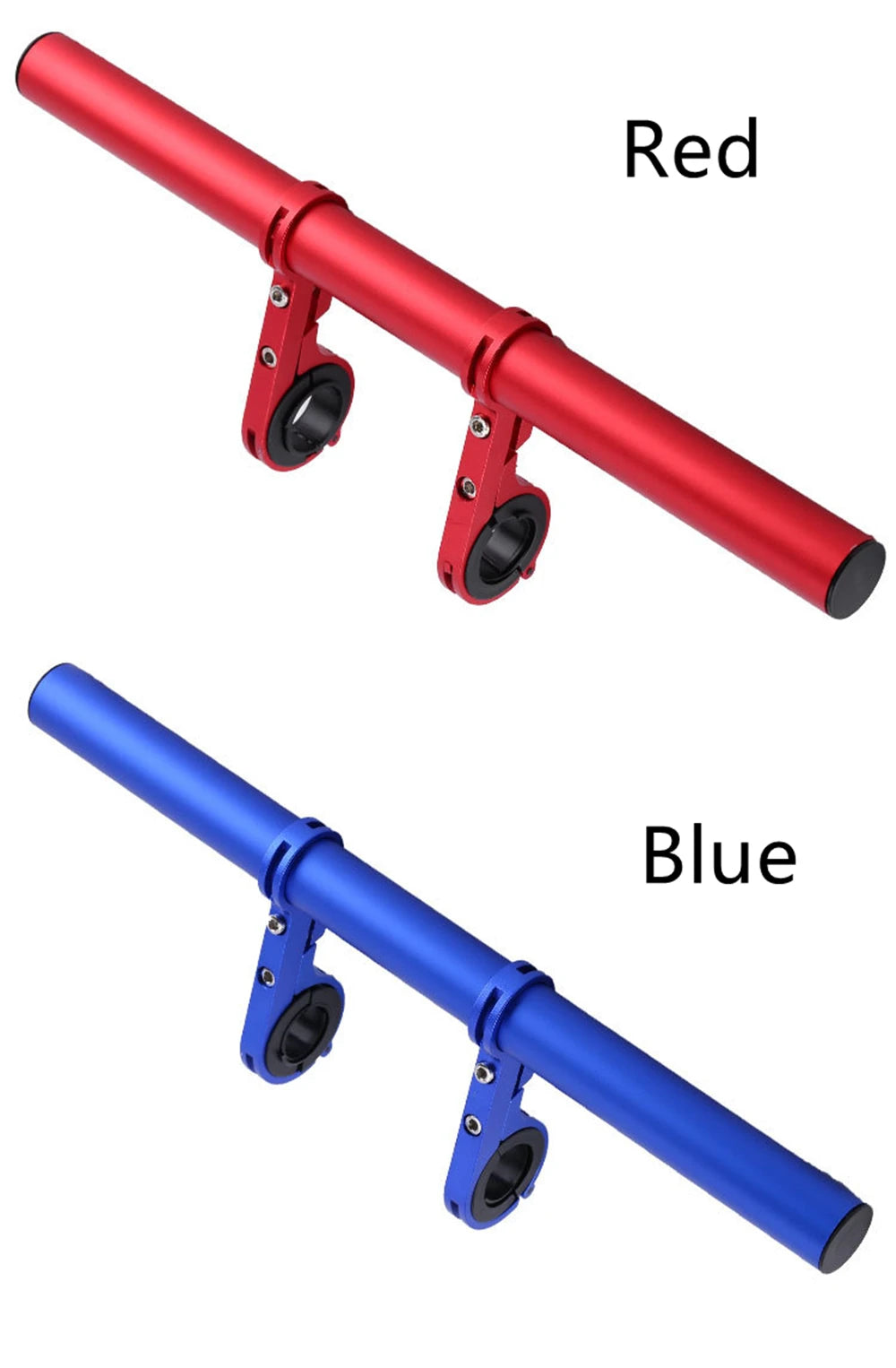 Rote und blaue verstellbare Fahrradlenker-Erweiterungshalterungen separat dargestellt.