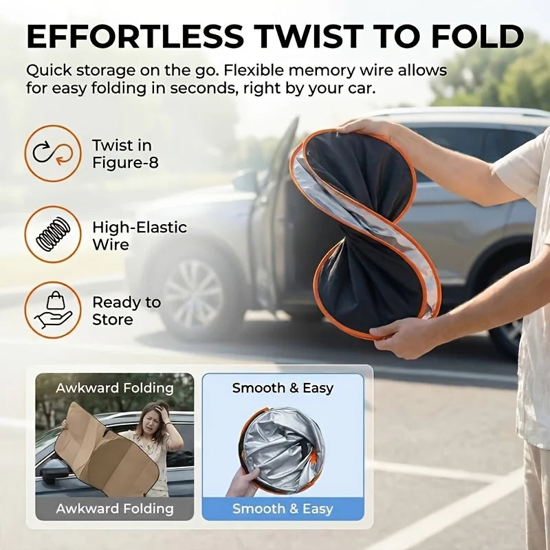 A hand is folding a black and silver memory wire sunshade for easy storage in a car.