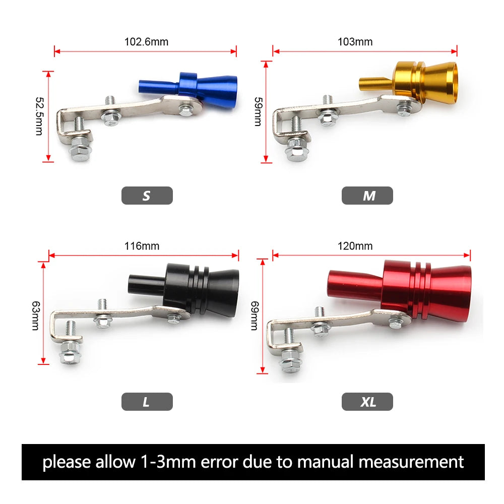 Set of four universal turbo exhaust whistles in sizes S, M, L, and XL for car styling