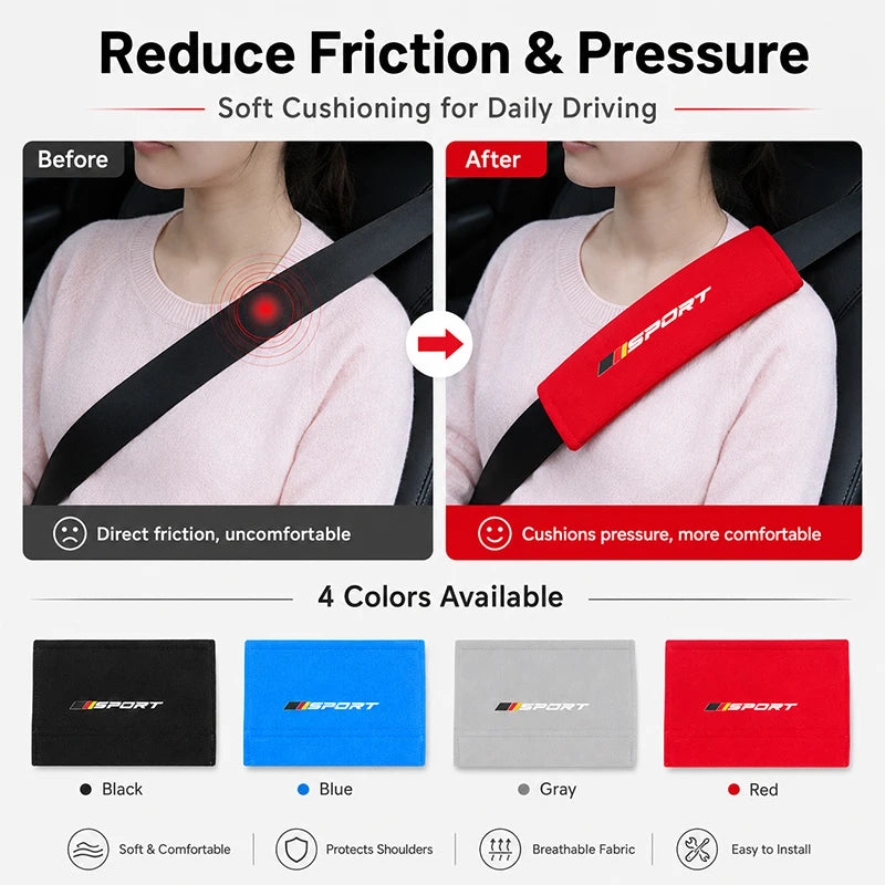 Red and black silicone shoulder pads for car seat belts, offering soft cushioning and improved comfort.