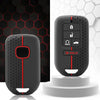 A black silicone car key cover with multiple buttons is displayed on a white stand.