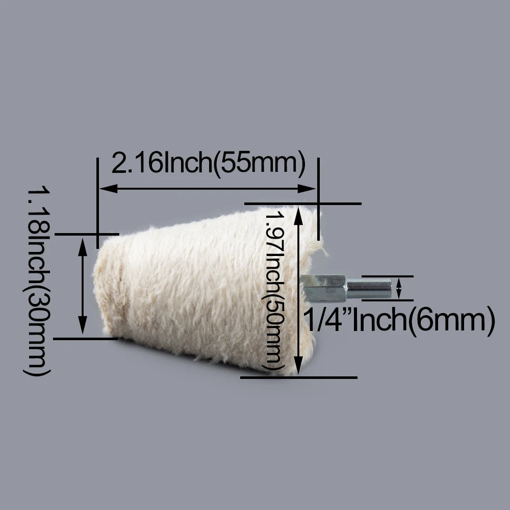 A cylindrical polishing wheel with dimensions 2.16 inches long and 1.18 inches in diameter, used for jewelry and metalwork.