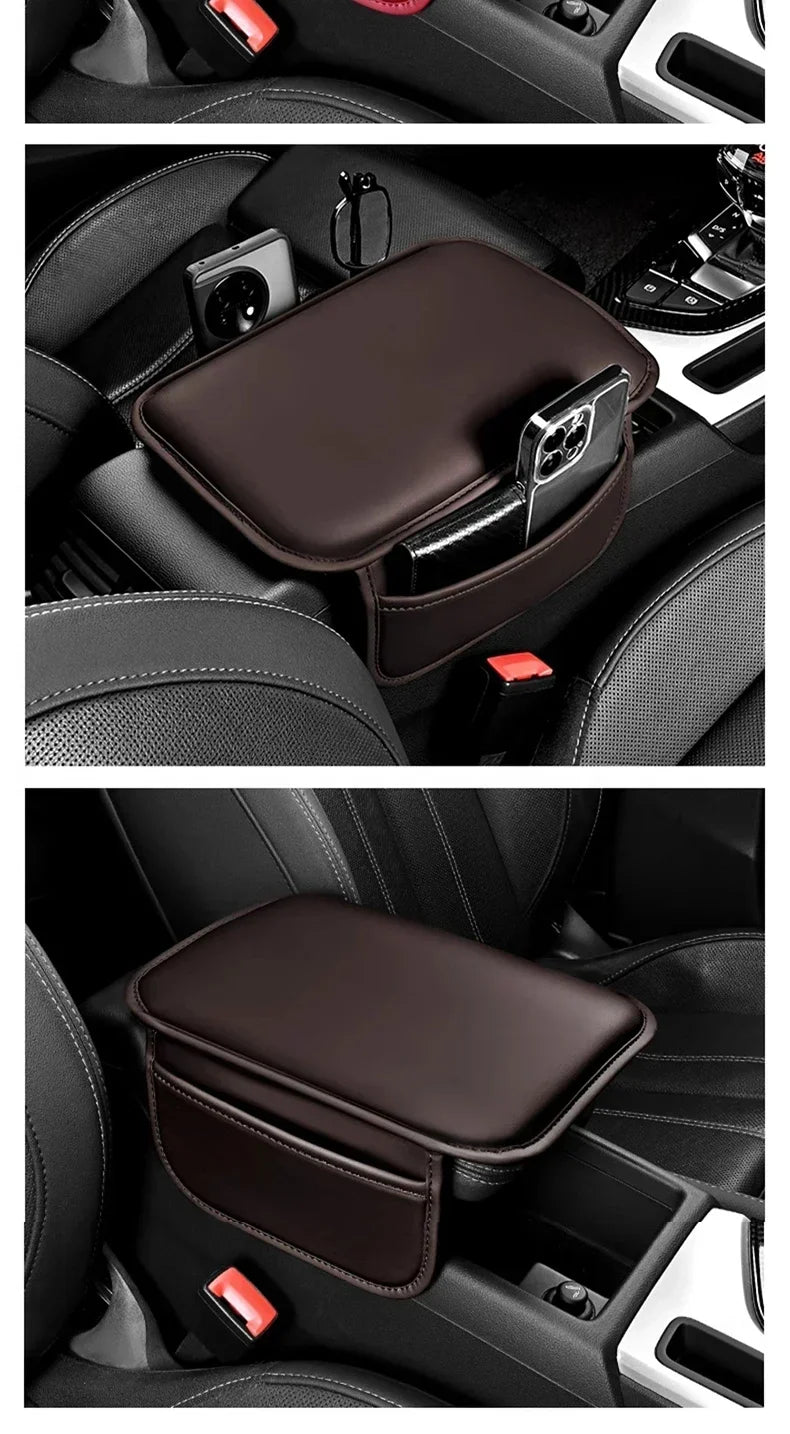 A dark brown leather storage organizer pad is placed in the armrest of a car seat.