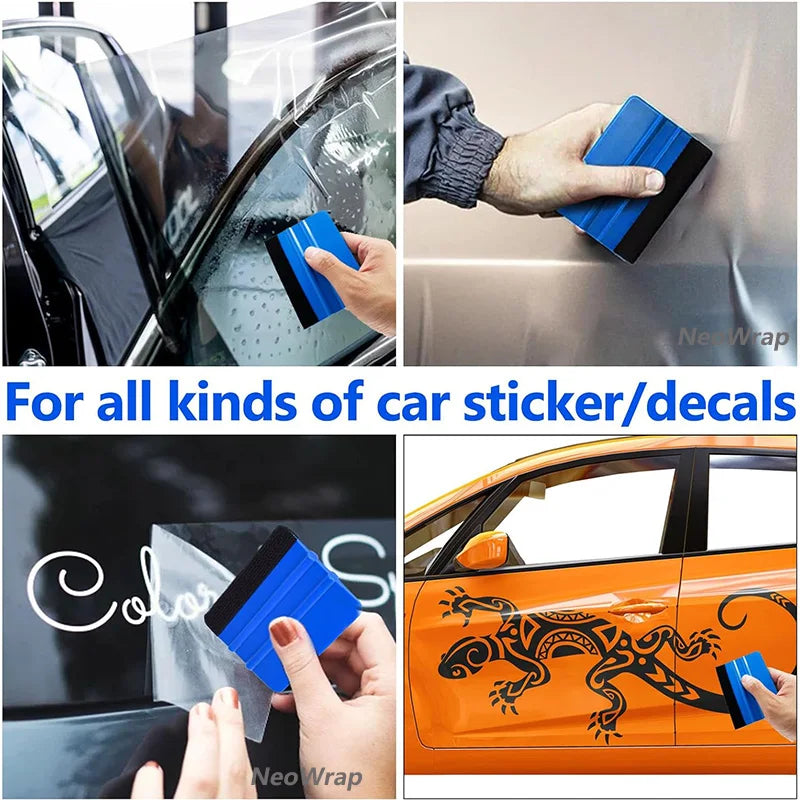 A blue vinyl wrap tool is shown applying a sticker or decal to a car window and body surface.