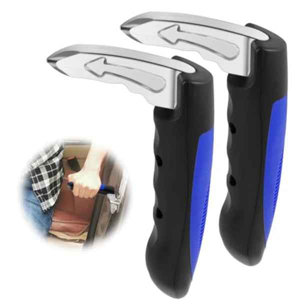 A black and blue 3-in-1 car door assist handle tool with silver grips shown next to a hand.