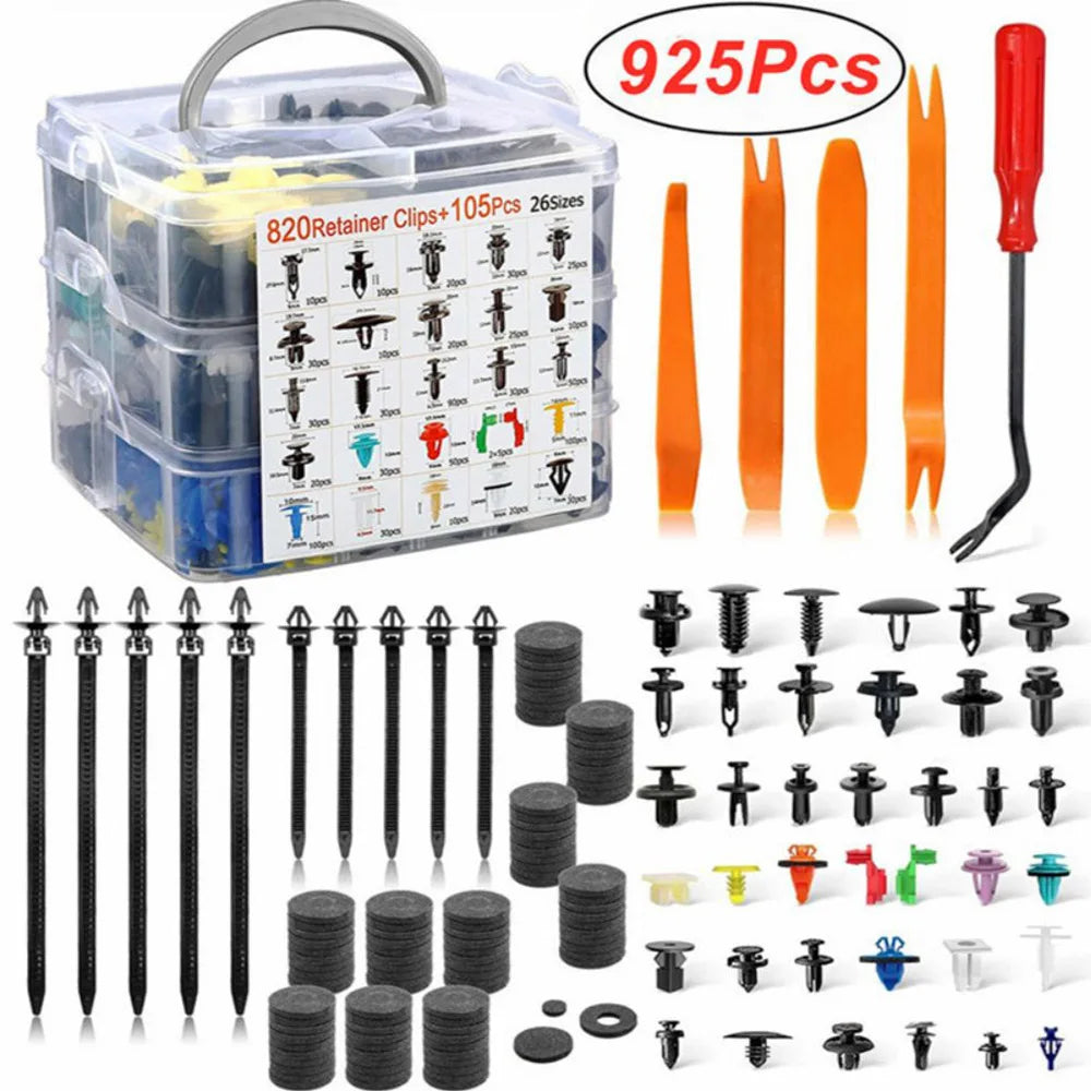 A collection of 925 plastic fastener rivet clips in various sizes and colors for body repair