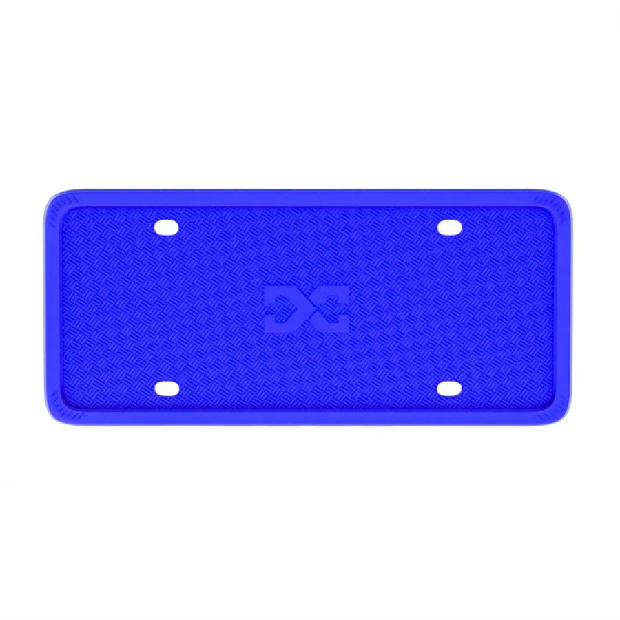 A rectangular blue silicone license plate frame cover with four mounting holes.