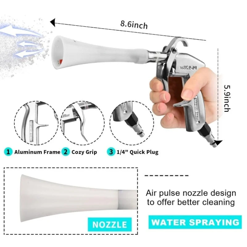 A white tornado dry cleaning gun with an adjustable brass nozzle and a spray mechanism.