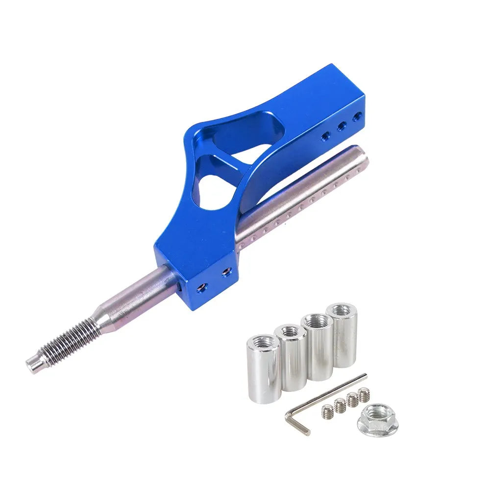 Blue adjustable car gear shifter extension kit with a metal rod and various hardware components