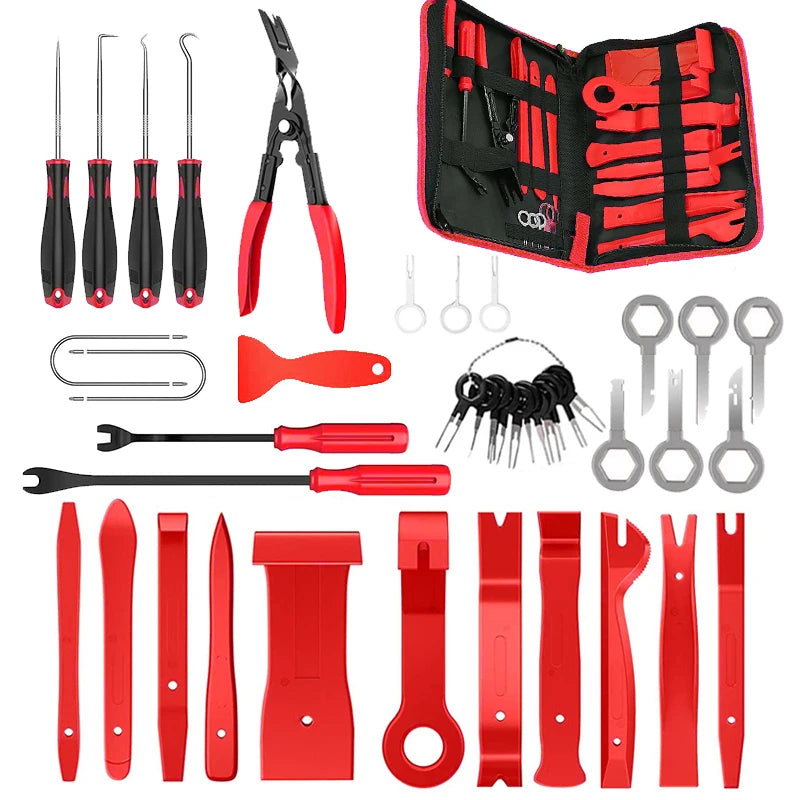 Collection d'outils de retrait de garnitures automobiles rouge et noir, y compris pinces, leviers et outils spécialisés.