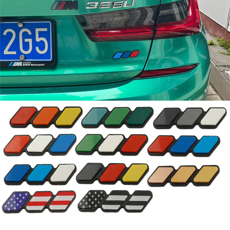 A collection of tri-color 3D car grill decals in various colors and patterns for vehicles.