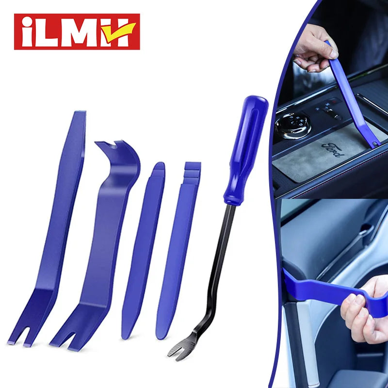 A set of blue plastic tools for removing car trim, including various shaped tools and a long tool being used on a vehicle int