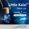 A glass bottle with a skull-shaped top and blue liquid is shown next to a car, promoting a new car air freshener.