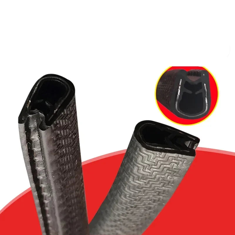 Close-up view of a black rubber edge seal trim for vehicle doors and windows.