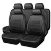Three black universal leather car seat covers shown side by side.