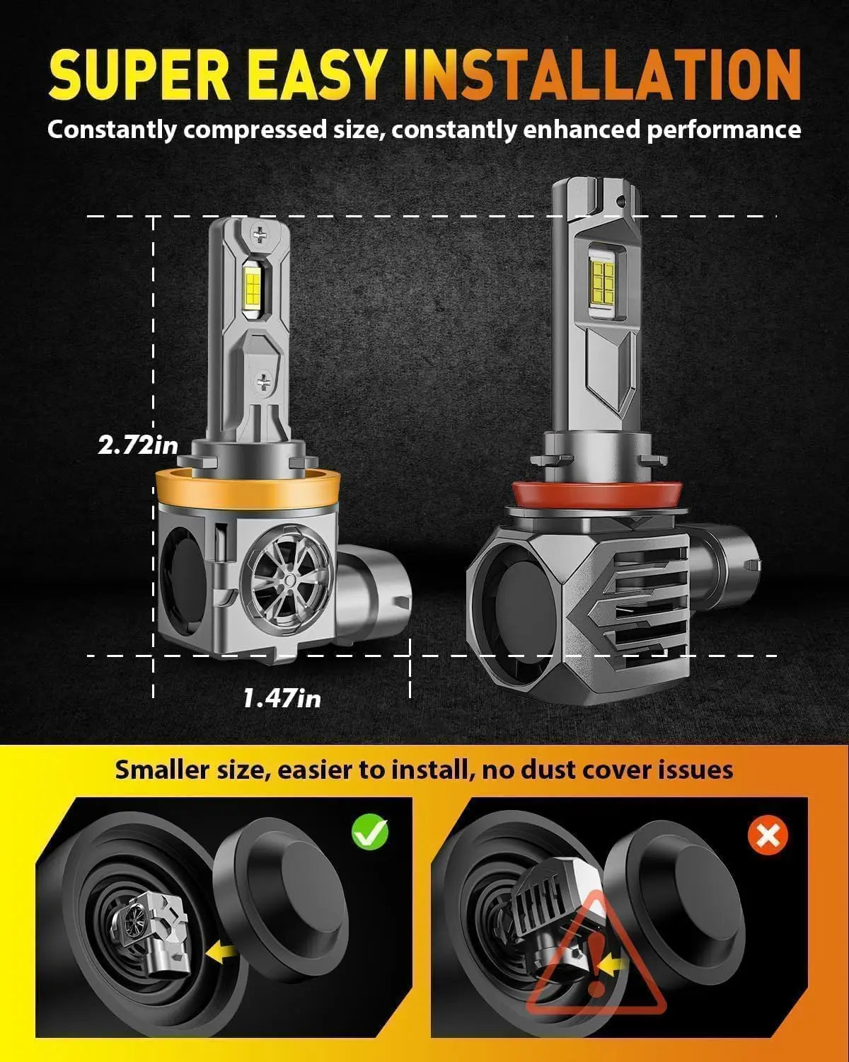مصباحا ضباب LED عالي الأداء مع رسومات تركيب ومقارنات حجم.