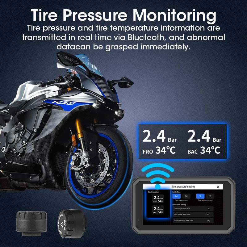 Une moto avec des capteurs de pression de pneus et un affichage de 2,4 Bar et 34°C.