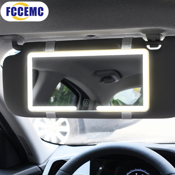 Interior view of a car rearview mirror featuring an HD touch screen makeup mirror.