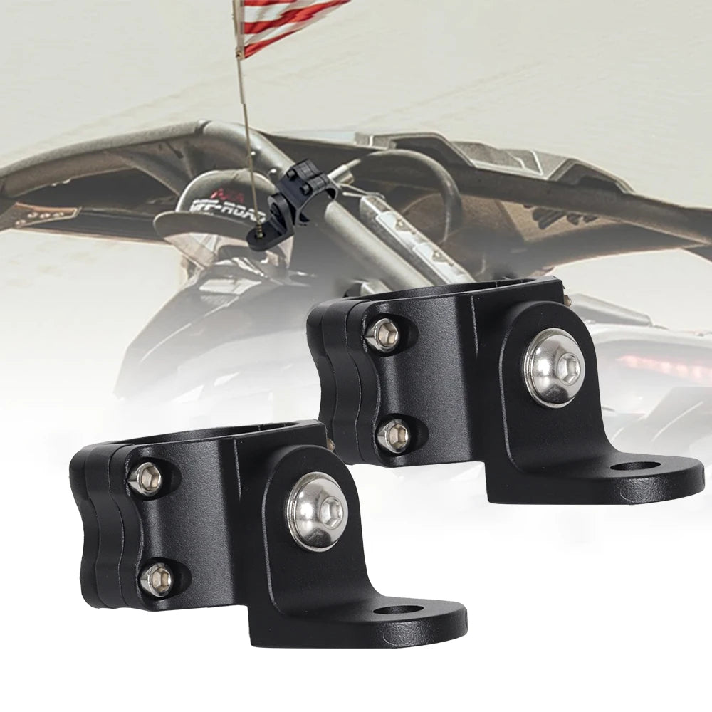 A black UTV LED whip light mount is shown in a close-up view against an off-road vehicle background.